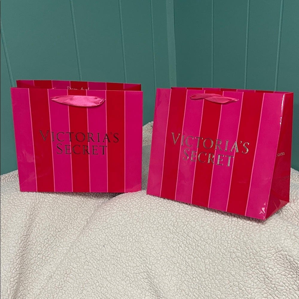 2 VICTORIA’S SECRET LARGE BRIGHT PINK STRIPE XX❤️❤️ GLOSSY SHOPPING BAGS